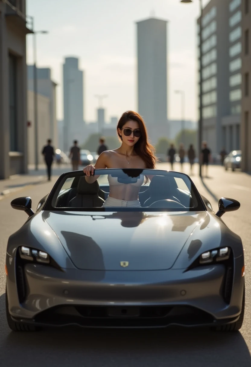 Lisamy bring sun glasses, she behind the steering wheel, is driving A car brand Vinfast VF4 parked on the ground in the background of the city building, perfect body