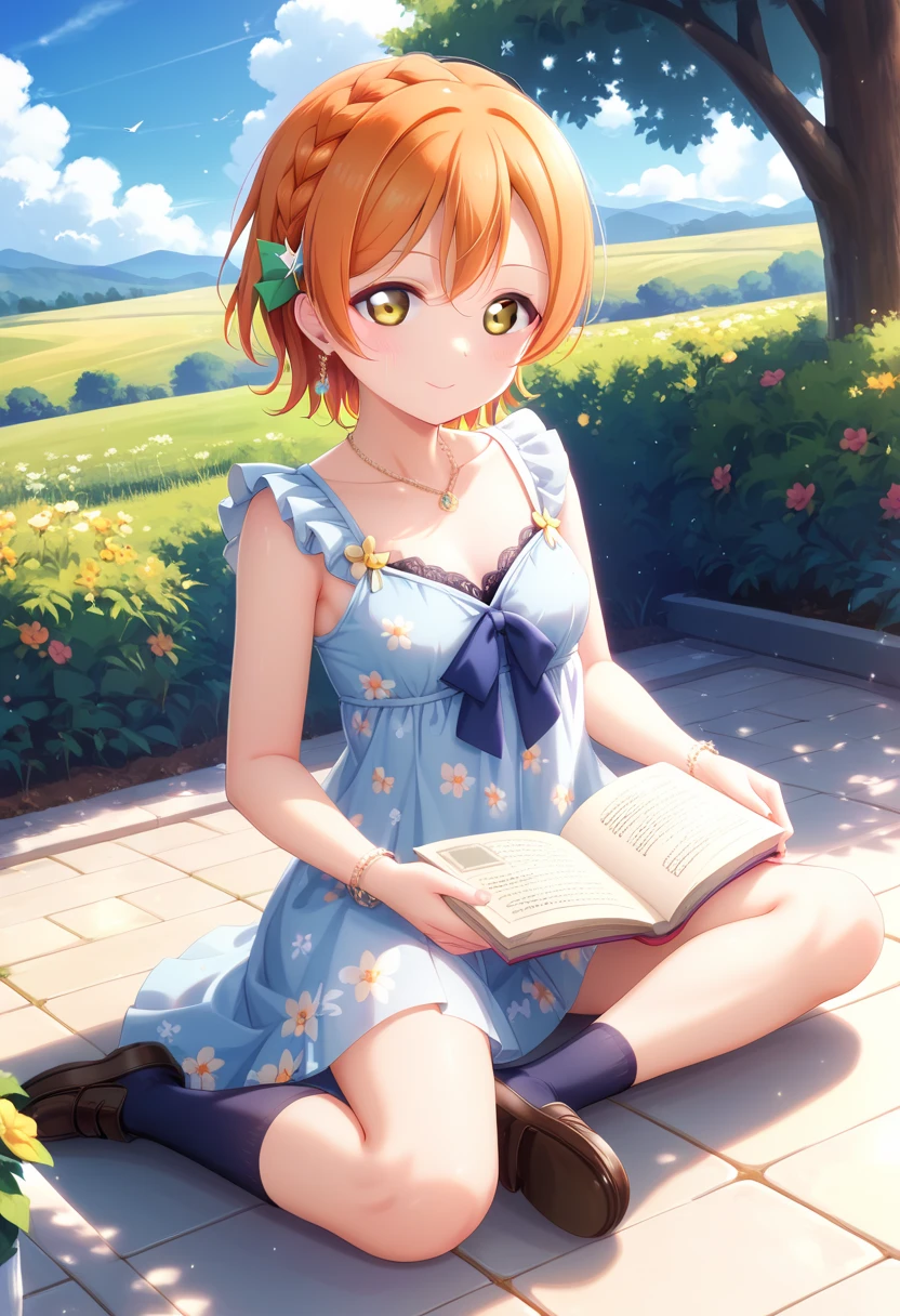 {{{masterpiece}}}, {{{best quality}}}, {{ultra-detailed}}, {illustration}, {{an extremely delicate and beautiful}}, orange hairRin Hoshizora Love Live 星空 凛、 orange hair、 short hair on the nose 、Yellow Eyes、20old、small Average breasts、 navy floral pattern dress＋ brown loafers  / garden / Reading in the shade of a tree 、 orange hair