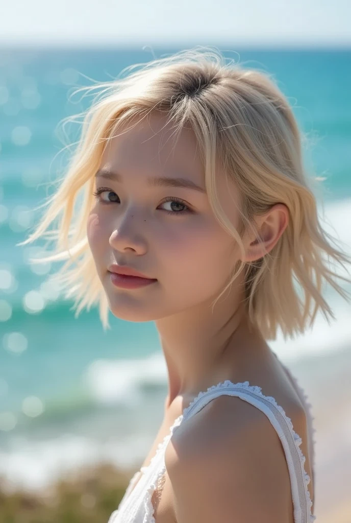 highest quality,masterpiece,Ultra-high resolution,(Reality:1.4),Original photo,Cinema Lighting,
One blonde short hair girl,,Backlighting,Ocean,profile，Three-dimensional profile，good looking，cute