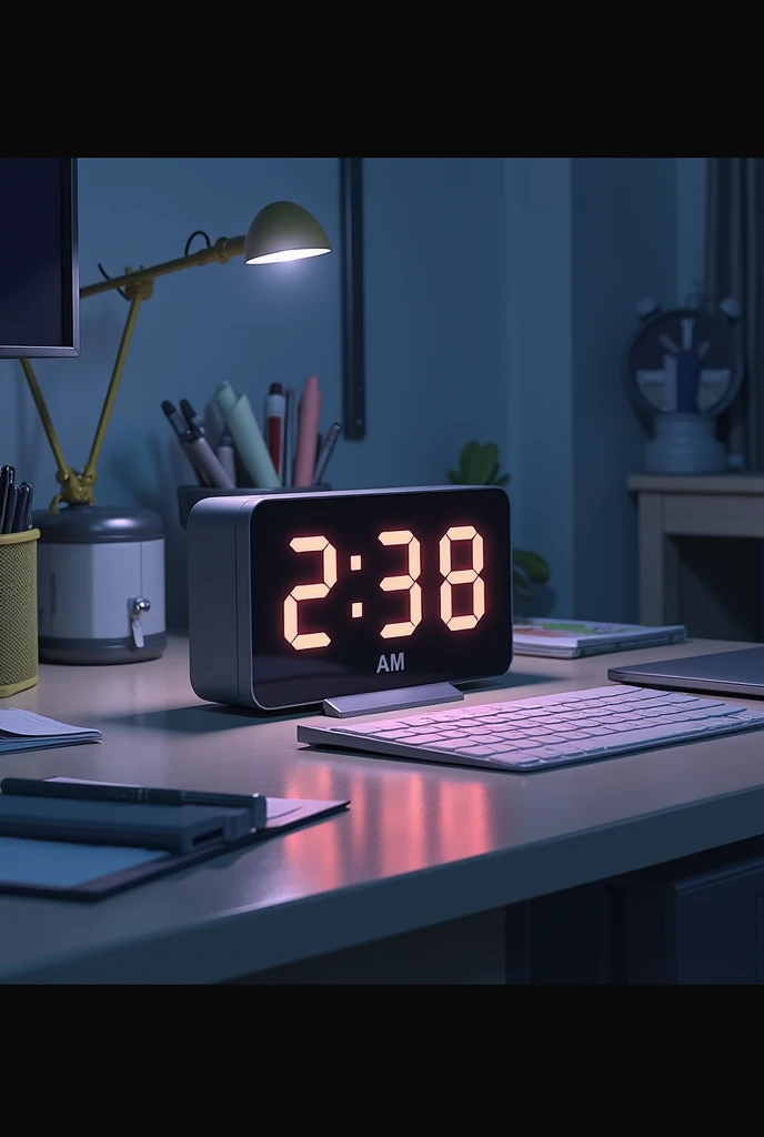 electronic table clock on a desk DE NCOHE showing the time 2:38 in the morning ANIME STYLE 
