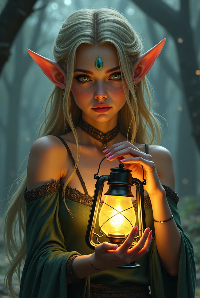 a woman with yellow eyes and golden paint on her skin is standing in the woods, fantasy portrait art, fantasy art portrait, 4k fantasy art, hd fantasy art, amazing fantasy art, beautiful fantasy art portrait, portrait of very beautiful elf, detailed fantasy digital art, beautiful fantasy art, portrait of an elf, portrait of an elf queen, detailed fantasy art