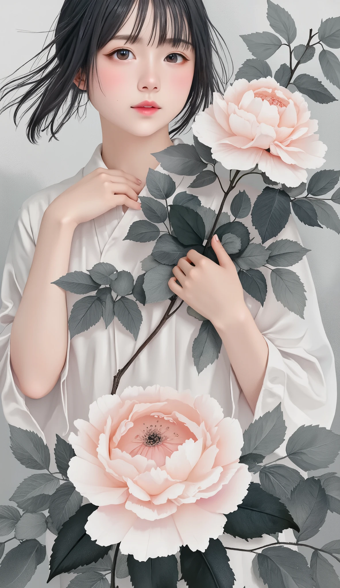 watercolor, watercolor, watercolor風, watercolorの詳細なアート, watercolor digital painting, watercolor paints, Beautiful Women、Floral arrangement、Wabi-sabi art、white、gray、black tone 、Parchment、抽象的Floral arrangement、Three big flowers、 Dreamy Art 、silence、 wallpaper、 best quality、masterpiece、 high definition 、８ｋ