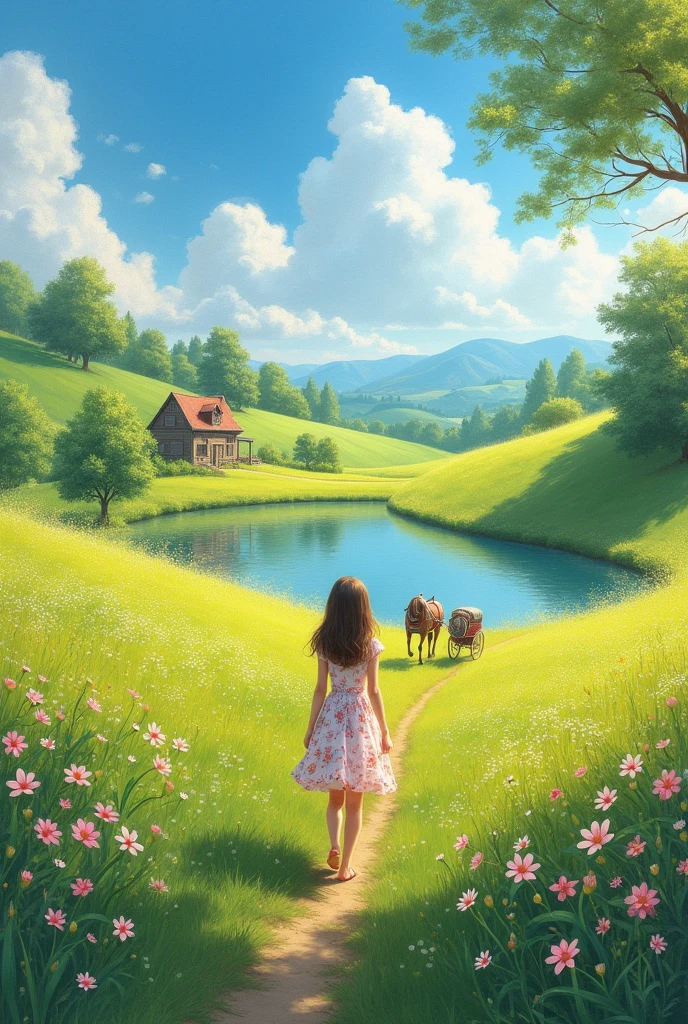 A pastoral landscape, oil painting, impressionism, picturesque rural scenery on a beautiful spring day, idyllic and peaceful happy days, (best quality,4k,8k,highres,masterpiece:1.2),ultra-detailed,(realistic,photorealistic,photo-realistic:1.37),detailed lush green meadow, blooming wildflowers, rolling hills, blue sky with fluffy clouds, warm golden sunlight, serene lake, wooden cottage, horse-drawn carriage, young girl in a floral dress walking through the field, soft brushstrokes, vibrant colors, natural lighting