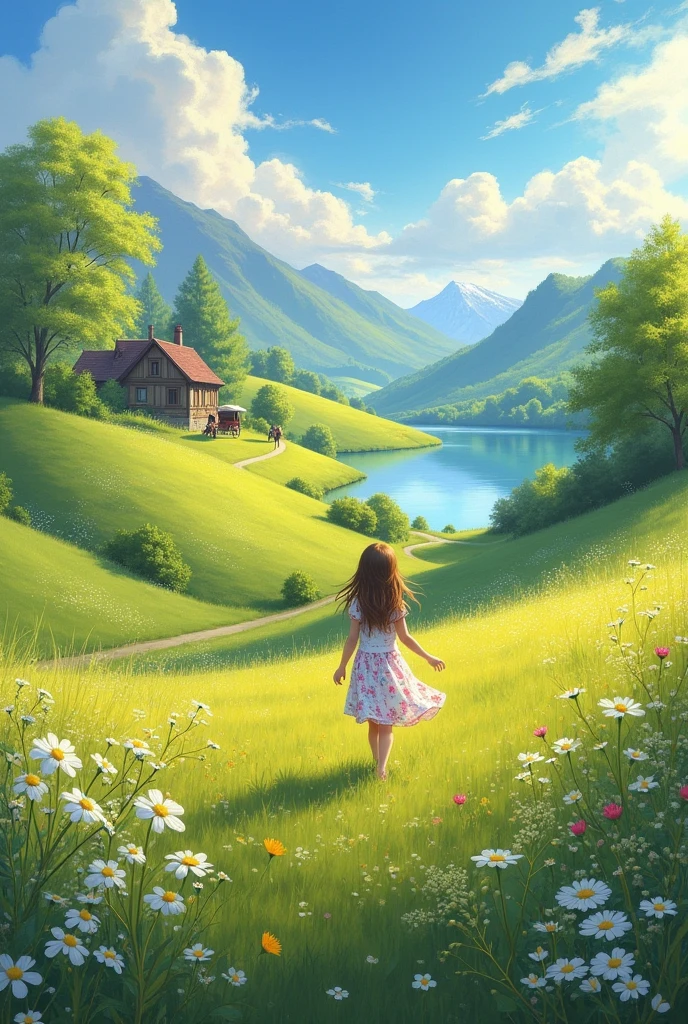 A pastoral landscape, oil painting, impressionism, picturesque rural scenery on a beautiful spring day, idyllic and peaceful happy days, (best quality,4k,8k,highres,masterpiece:1.2),ultra-detailed,(realistic,photorealistic,photo-realistic:1.37),detailed lush green meadow, blooming wildflowers, rolling hills, blue sky with fluffy clouds, warm golden sunlight, serene lake, wooden cottage, horse-drawn carriage, young girl in a floral dress walking through the field, soft brushstrokes, vibrant colors, natural lighting