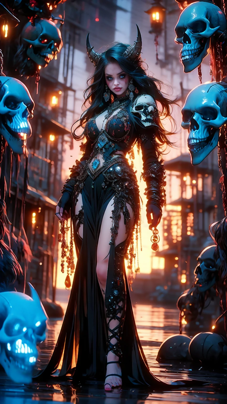 Create a hyper detailed photograph of a tattoos young sexy female berserker deathknight, Stunningly perfect gorgeous soft feminine face, perfect makeup, detailed vibrant Florent neon eyes, long hair, high detailed beautiful legs, high detailed beautiful arms, perfect sexy hour glass body figure, detailed smooth skin, gigantic breast, large round ass, sexy seductive transparent deathknight armor, chains Jewelry,
