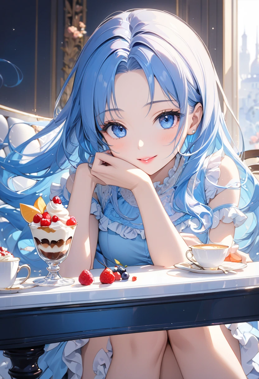 Best quality, tmasterpiece, A 12-year-old girl,Long light blue hair and blue eyes,Put your hands together and close your eyes to make a wish,Happy expression,At the dinner table at home,Birthday cake on the dinner table,Clear facial features