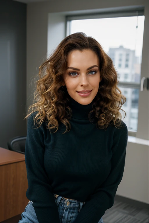 Slim athletic woman, age 25, 8k (High definition), big teeth, big classes, pimples, office background, facing straight at the camera, turtleneck sweater, nerdy, Caucasian pale skin, crazy dark frizzy curly brown hair afro, freckles, small perky breasts, waist up