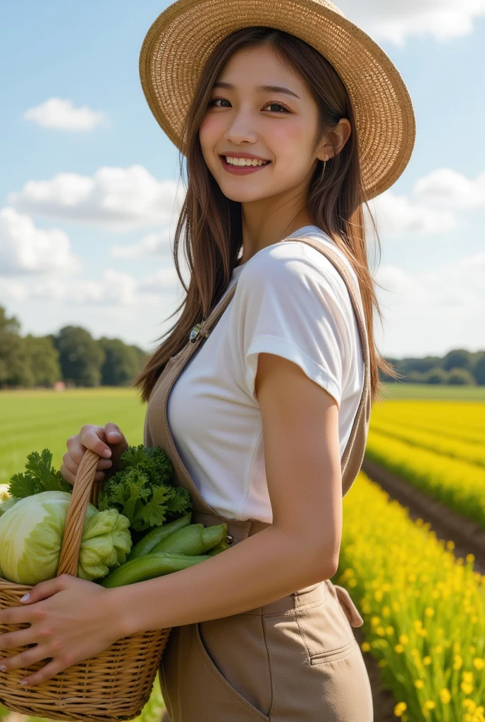 1girl,gal,large breasts,(best quality,absolutely resolution,ultra detailed,masterpiece),(photo realistic),8K,(detailed face),delicate realistic skin texture,Beautiful woman in farmer attire, standing in a picturesque rural landscape, vibrant fields and blue sky, soft sunlight illuminating her features, wearing a straw hat, holding a basket of fresh vegetables, serene and joyful expression, detailed textures in clothing and surroundings, nature theme, high resolution.