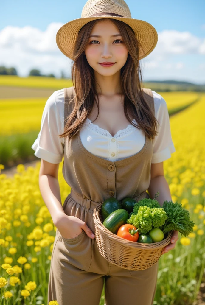 1girl,gal,large breasts,(best quality,absolutely resolution,ultra detailed,masterpiece),(photo realistic),8K,(detailed face),delicate realistic skin texture,Beautiful woman in farmer attire, standing in a picturesque rural landscape, vibrant fields and blue sky, soft sunlight illuminating her features, wearing a straw hat, holding a basket of fresh vegetables, serene and joyful expression, detailed textures in clothing and surroundings, nature theme, high resolution.