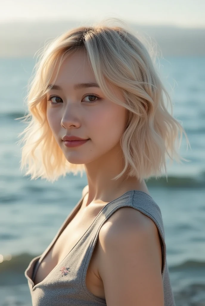 highest quality,masterpiece,Ultra-high resolution,(Reality:1.4),Original photo,Cinema Lighting,
One blonde short hair Sweden girl,,Backlighting,Ocean,profile，Three-dimensional profile，good looking，cute