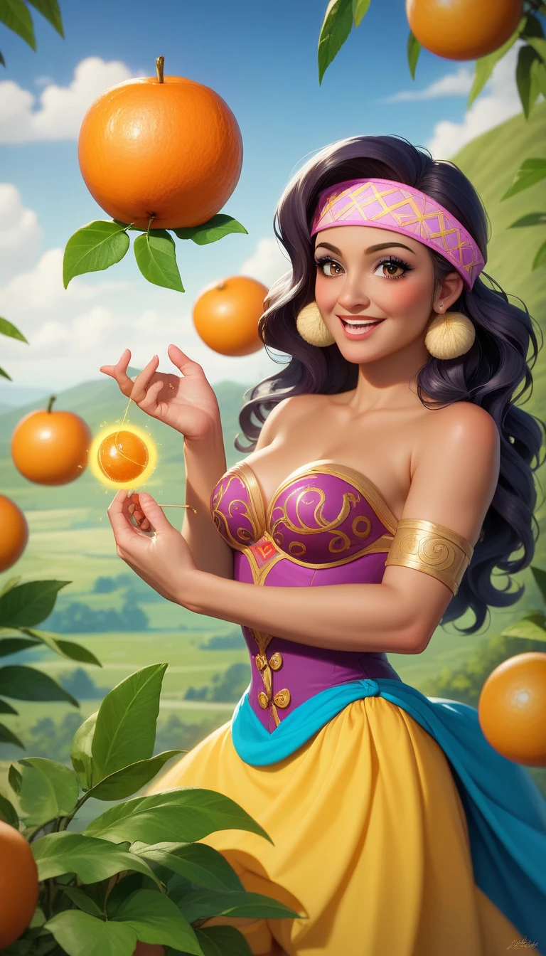 Octane Render、(Hyper-detailing: 1.15)、(Soft light、sharp: 1.2)、morning、Harvesting grapes, Enjoy grape picking、Grabbing grapes hanging from the vine with your hands、Distinctive ethnic hair ornaments、 Fuji Film, F/4.0, masutepiece, Anatomically correct、A smile, radiant light