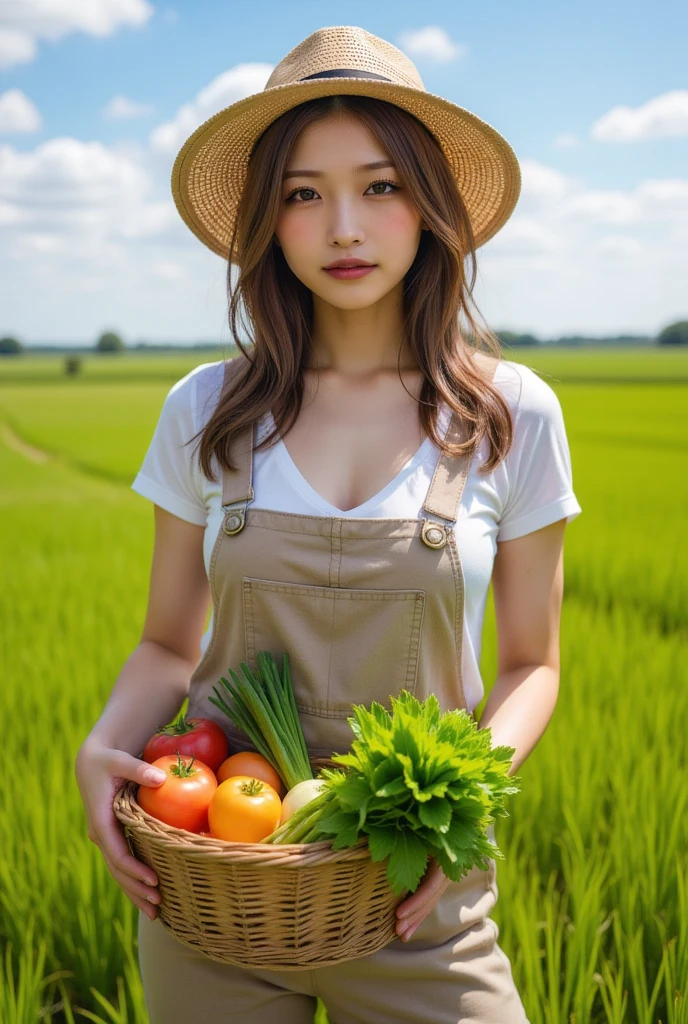 1girl,gal,large breasts,(best quality,absolutely resolution,ultra detailed,masterpiece),(photo realistic),8K,(detailed face),delicate realistic skin texture,Beautiful woman in farmer attire, standing in a picturesque rural landscape, vibrant fields and blue sky, soft sunlight illuminating her features, wearing a straw hat, holding a basket of fresh vegetables, serene and joyful expression, detailed textures in clothing and surroundings, nature theme, high resolution.