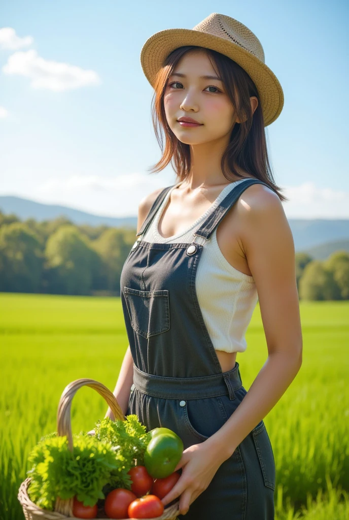 1girl,gal,large breasts,(best quality,absolutely resolution,ultra detailed,masterpiece),(photo realistic),8K,(detailed face),delicate realistic skin texture,Beautiful woman in farmer attire, standing in a picturesque rural landscape, vibrant fields and blue sky, soft sunlight illuminating her features, wearing a straw hat, holding a basket of fresh vegetables, serene and joyful expression, detailed textures in clothing and surroundings, nature theme, high resolution.