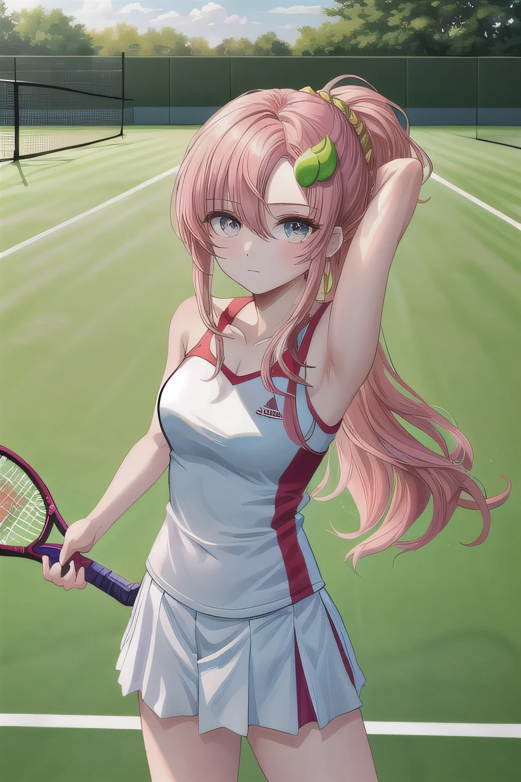 intricate detailed photo of a delicate woman with pink hair 傑作, ( detail eyes, とてもきれいで繊細な顔), medium breasts, Clevis, clavicle , bare shoulders, very long hair, asymmetrical balance , straight hair , hair between eyes, hair hanging over shoulders , (Golden hair ornament),She is wearing a red tennis outfit, with her white undergarments visible. She holds a single tennis racket with both hands in a poised and focused manner. The lush green grass tennis court stretches out in the background.