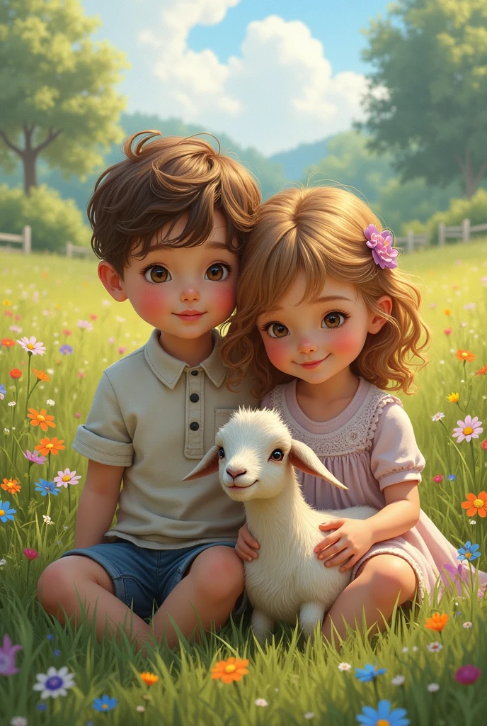 a pastoral idyllic landscape,1girl,1boy,1goat,lush colorful flowers,oil painting,impressionist style,rural countryside,summer day,beautiful detailed eyes,beautiful detailed lips,extremely detailed face,long eyelashes,serene peaceful atmosphere,(best quality,4k,8k,highres,masterpiece:1.2),ultra-detailed,(realistic,photorealistic,photo-realistic:1.37),vibrant colors,natural lighting,golden hour