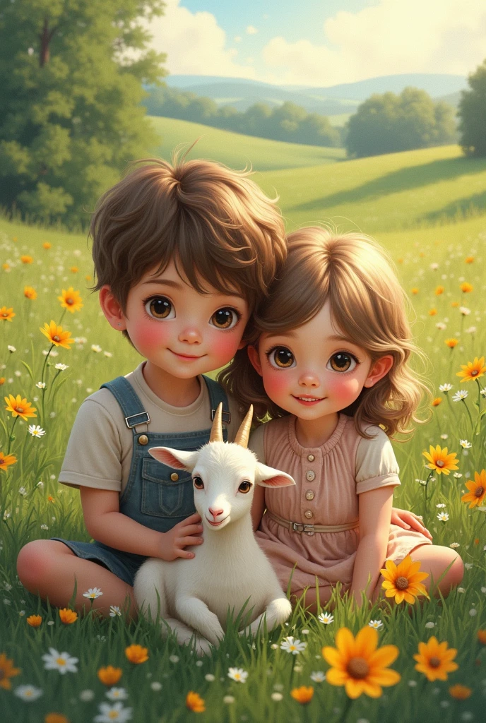 a pastoral idyllic landscape,1girl,1boy,1goat,lush colorful flowers,oil painting,impressionist style,rural countryside,summer day,beautiful detailed eyes,beautiful detailed lips,extremely detailed face,long eyelashes,serene peaceful atmosphere,(best quality,4k,8k,highres,masterpiece:1.2),ultra-detailed,(realistic,photorealistic,photo-realistic:1.37),vibrant colors,natural lighting,golden hour