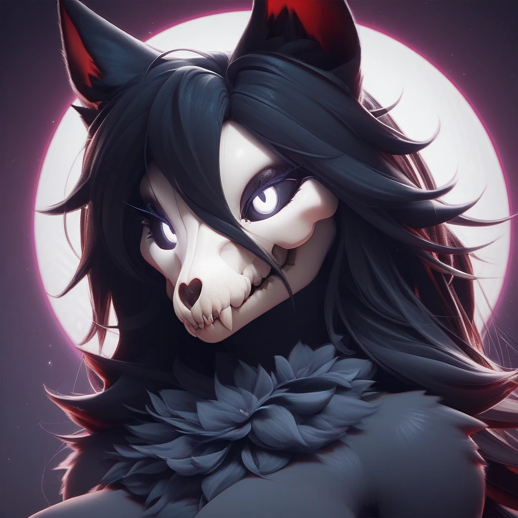 3d, ((score_9, score_8, score_7)), (highly detailed), detailed background, anthro, beautiful eyes, unique pose, ((Expressiveh)), MaloSCPXL, anthro furry, furry female, body fur, black fur, head skull, white eyes, glowing eyes, black sclera, black hair, long hair, hair between eyes, animal ears, black tail, large breasts