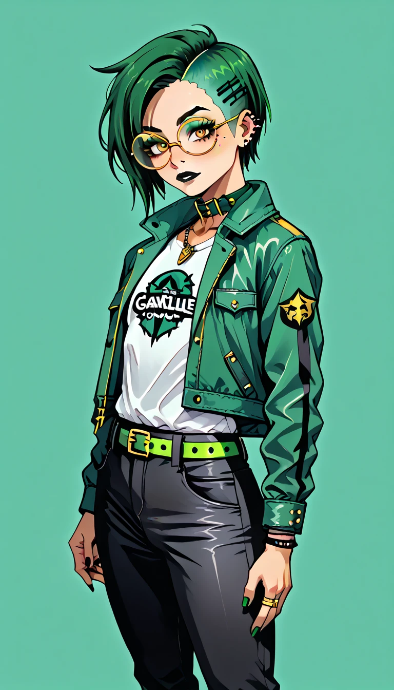 1boy;Androgynous;dark green punk undercut hair;gold eyes;freckled skin;toned,athletic body;black lip gloss;black eyeliner;green eyeshadow;sharp black nails;round glasses;grey tight shirt;black cargo pants;green belt;Green Canvas Jacket;Combat Boots;amber pendant;green collar;pierced ears;GothMOONXL
