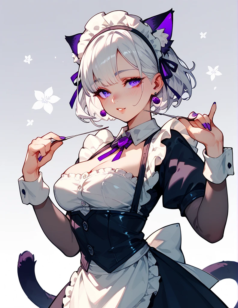 Semi-human , with cat's ears and tail ,  of white color and white hair, Wearing a maid's dress ( doesn't cover her breasts completely,  with transparent black fabric ) with intense purple eyes 