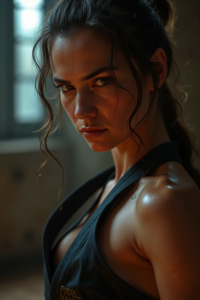 (best quality, hyper detailed photography:1.2), beautiful lady, freckles,(muscular body:1.1),,dark makeup, dystopian warrior,,,, ponytail,badass woman,,,,(massive perfect breast:1.5),head and breast portrait, (cinematic shot:1.2), movie photography, (cinematic lights:1.0),, naked breast,(ultra detailed skin texture:1.0),, (ultra sharp:1.6)