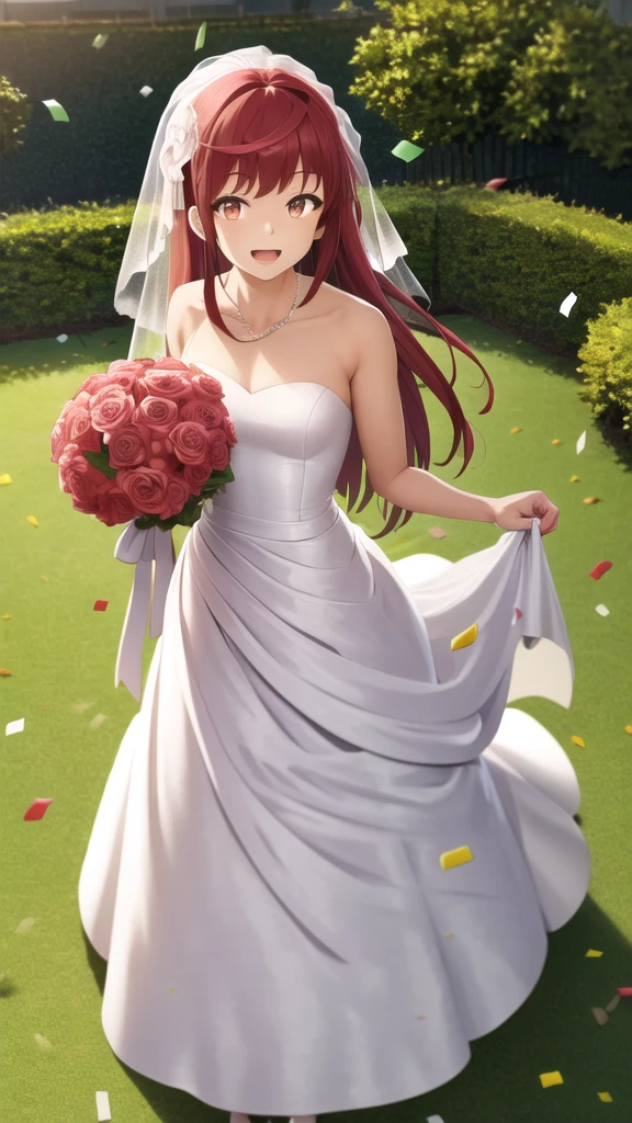 masterpiece, best quality, highres, girl, solo, looking at viewer, enjou_retto, wedding dress, standing, garden, confetti, holding bouquet, smile, open mouth,