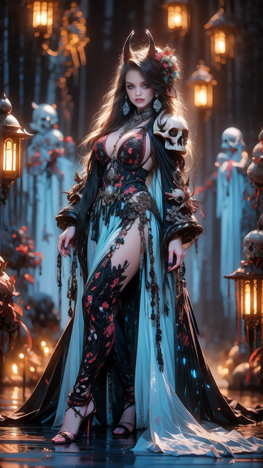 Create a hyper detailed photograph of a tattoos young sexy female berserker deathknight, Stunningly perfect gorgeous soft feminine face, perfect makeup, detailed vibrant Florent neon eyes, long hair, high detailed beautiful legs, high detailed beautiful arms, perfect sexy hour glass body figure, detailed smooth skin, gigantic breast, large round ass, sexy seductive transparent deathknight armor, chains Jewelry,
