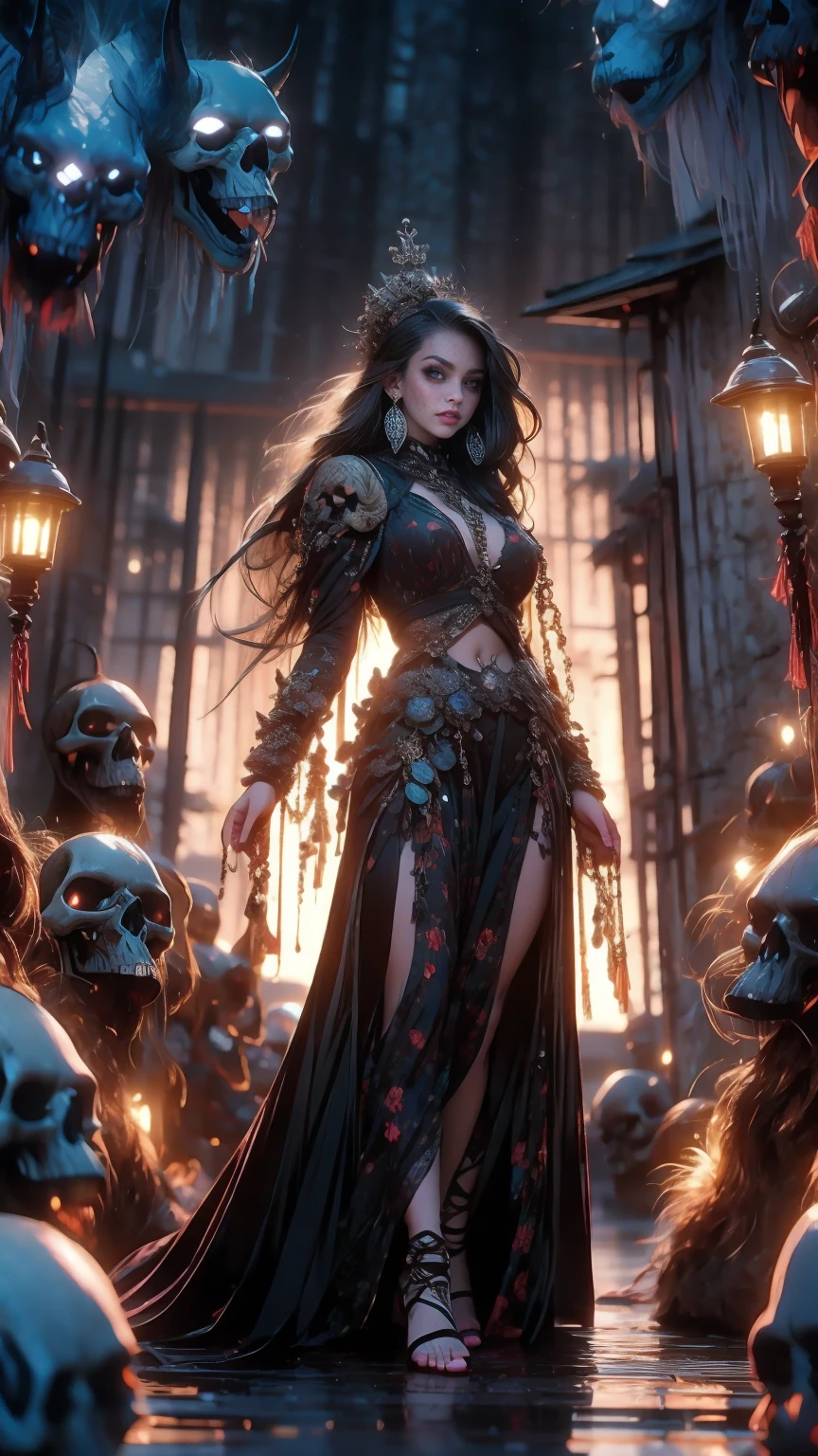 Create a hyper detailed photograph of a tattoos young sexy female berserker deathknight, Stunningly perfect gorgeous soft feminine face, perfect makeup, detailed vibrant Florent neon eyes, long hair, high detailed beautiful legs, high detailed beautiful arms, perfect sexy hour glass body figure, detailed smooth skin, gigantic breast, large round ass, sexy seductive transparent deathknight armor, chains Jewelry,
