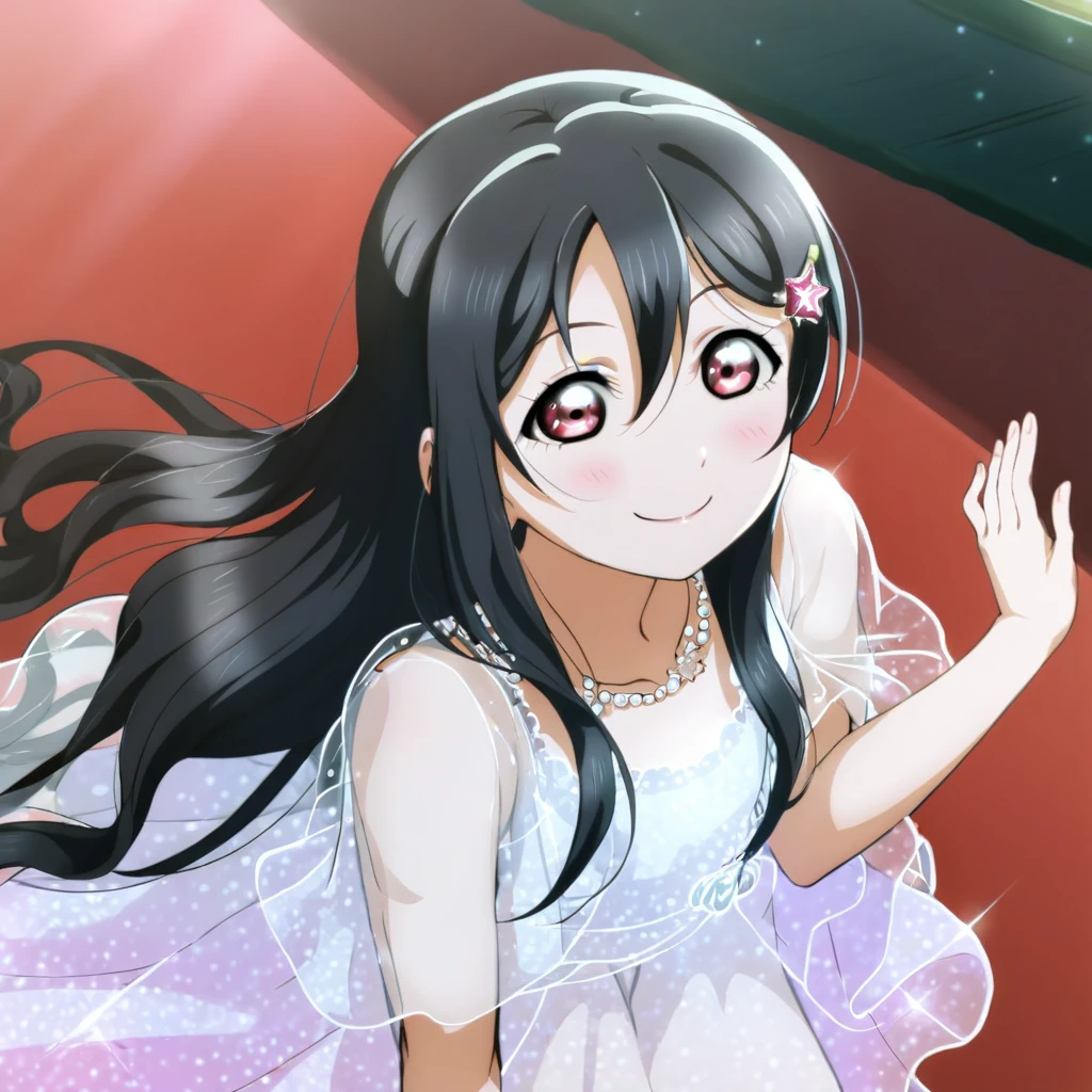 Nico Yazawa , love live!,  black hair , ojos De color rosa, long hair, 1 girl, warm backgrounD, un ojo cerraDo, vestiDo, smile, smiling mouth, miranDo al espectaDor, blush, ;D, vestiDo negro lujoso simple, metal stars hair clips , elegant, clavicle, neckline, piernas DesnuDas, magical energy, see-through, miranDo al espectaDor
BREAK
score_9, score_8_above, score_7_above, score_6_above, source_anime