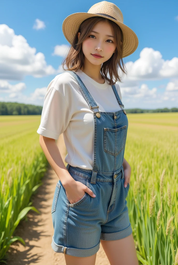 1girl,gal,large breasts,(best quality,absolutely resolution,ultra detailed,masterpiece),(photo realistic),8K,(detailed face),delicate realistic skin texture,Beautiful woman in farmer attire, standing in a picturesque rural landscape, vibrant fields and blue sky, soft sunlight illuminating her features, wearing a straw hat, holding a basket of fresh vegetables, serene and joyful expression, detailed textures in clothing and surroundings, nature theme, high resolution.