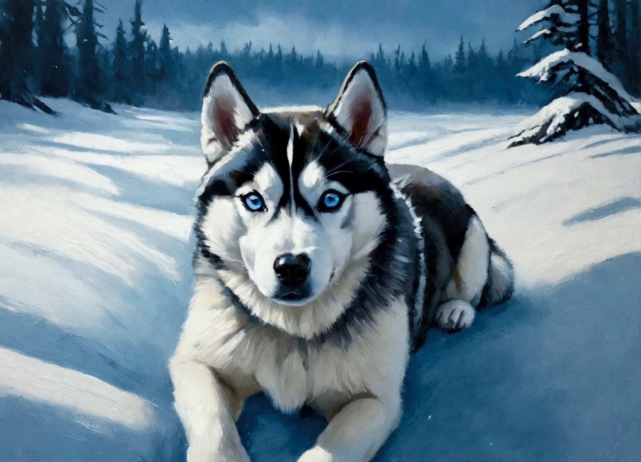 Paint a Siberian Husky with sharp, clean features and its iconic piercing blue eyes. Use rich, textured oil strokes to create a snowy, wintery scene in icy blues and whites, with subtle shadowing to capture the cold atmosphere