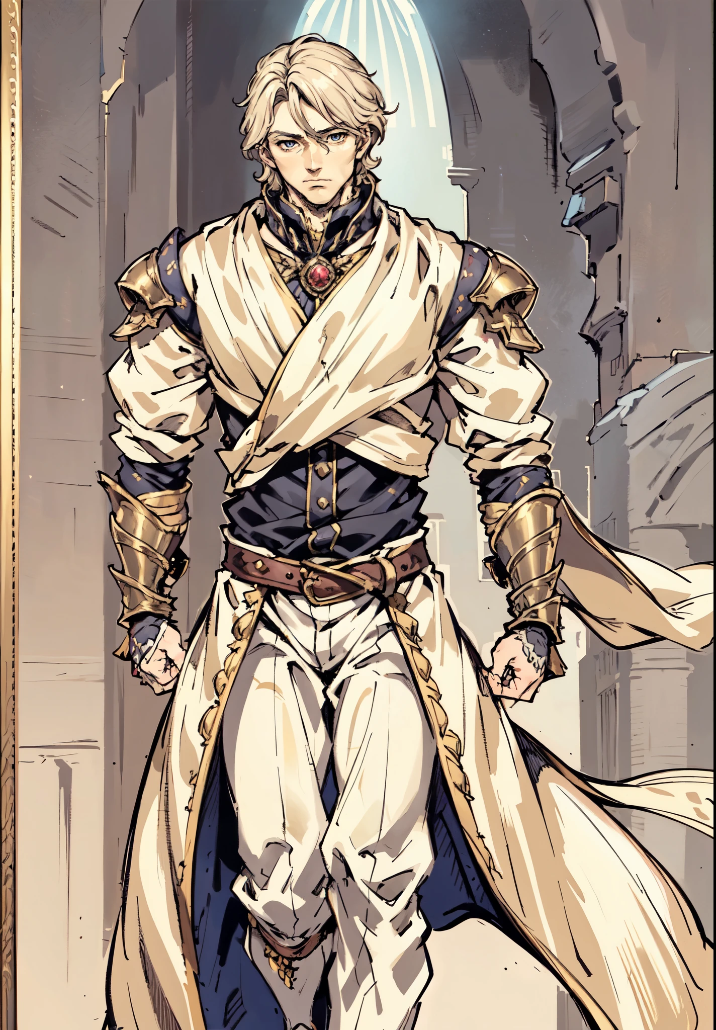 (masterpiece:1.2, best quality:1.2, extremely delicate:1.2), ((male:1.5)), a middle-aged man with short tousled golden hair, deep-set eyes, sharply defined features, serious expression, luxurious yellow-and-white fantasy-style composite silk satin top, silk ribbon cape around the upper body, small metallic shoulder pads, fabric gloves, a belt adorned with metallic gear decorations, dark hem, white fabric trousers, strolling in a medieval fantasy-style city, this character embodies a finely crafted fantasy-style nobleman in anime style, exquisite and mature manga art style, dramatic, high definition, highres, ultra-detailed, ultra-fine painting, professional, perfect body proportions, golden ratio, anatomically correct, symmetrical face, extremely detailed eyes and face, high quality eyes, creativity, RAW photo, UHD, 32k, Natural light, cinematic lighting, (masterpiece-anatomy-perfect:1.2)