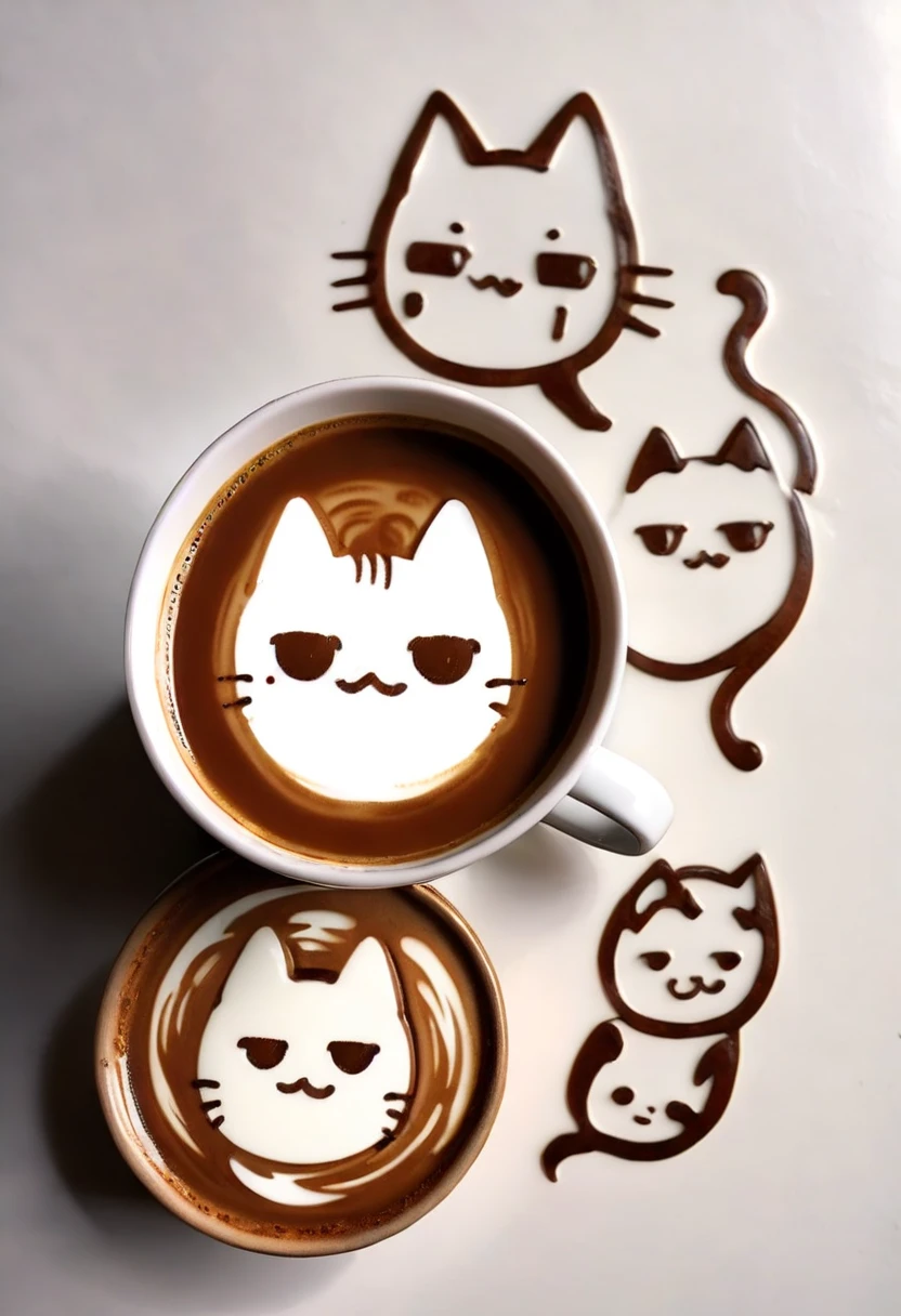 Picture of 2 cups of coffee with a soft touch 、 logo 、  taken from directly above 、 The cup on the left is a floral coffee art made of milk、 The cup on the right is a coffee art with a cat's face 、Coffee art made of brown lines of coffee on top of white milk