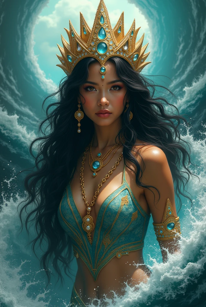 arafed woman in a black dress in the water with a crown on her head, goddess of the ocean, goddess of the sea, portrait of mermaid warrior, detailed matte fantasy portrait, a stunning portrait of a goddess, epic 3 d yemaya, goddess. extremely high detail, portrait of a beautiful goddess, portrait of mermaid queen, epic fantasy digital art style