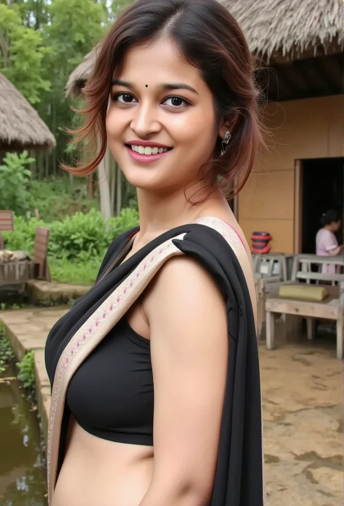 Young indian woman is wearing a full wet black saree, village forest hut, blouse less saree,big sexy chest,big ,detailed body and face, big bright eyes, charming, sexy, perfect anatomy, braid hair, detailed background, 8k,big chest