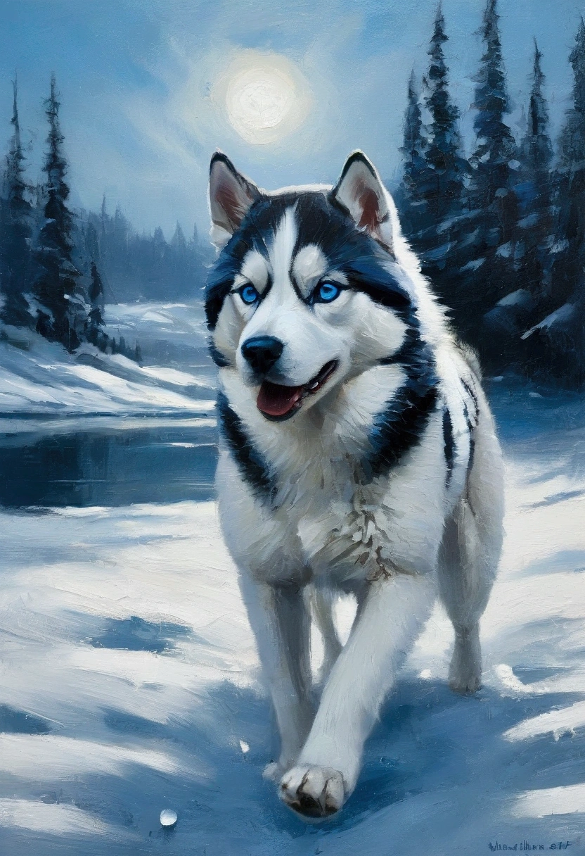 Paint a Siberian Husky with sharp, clean features and its iconic piercing blue eyes. Use rich, textured oil strokes to create a snowy, wintery scene in icy blues and whites, with subtle shadowing to capture the cold atmosphere, impasto texture