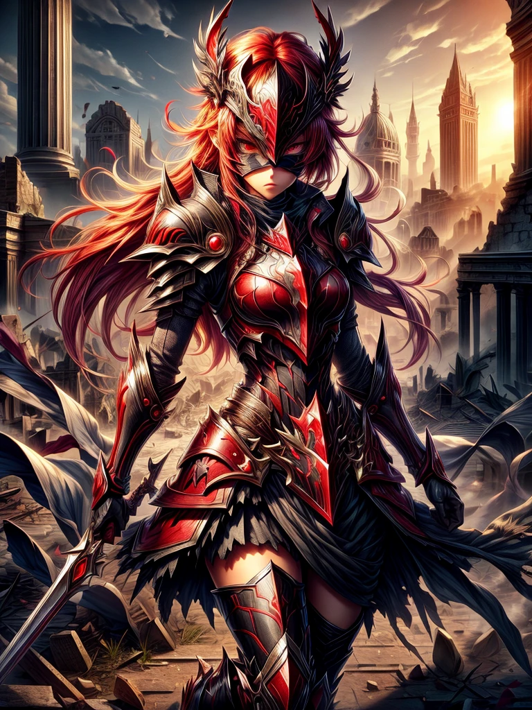 Brilliant scarlet red-eyed female Dark Knight in mask with ruins in the background