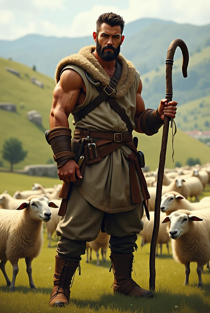 man with a white beard holding a shiny staff on a background of green cokinas and rainbows with a sheep pasture in the background with some trees making up the photo composition