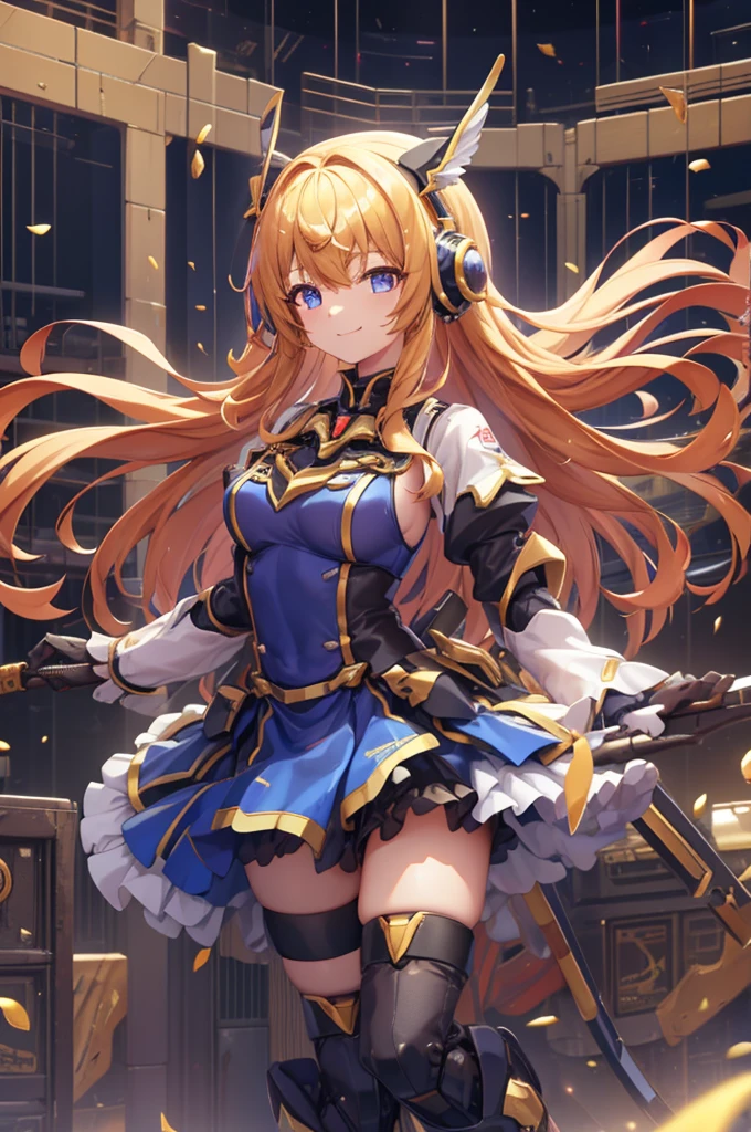  and smiles 、mecha wing、Thighs、tights、chest、 shiny blond hair、 1 girl、 solo girl 、 headphones 、idol dress、idol skirt、mecha girl、Armor、 miniskirt、 holds a sword、sword