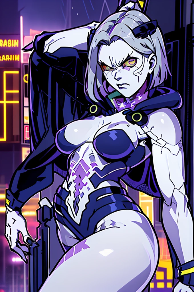 1girl, raven, black leotard, black cape, hood, purple hair, forehead jewel, purple eyes, short hair, belt, skin tight, standing, cleavage, toned, breasts, pose, night, moonlight, ((posing)), motion lines, torso, upper body, portrait, android body joints, angry smug face