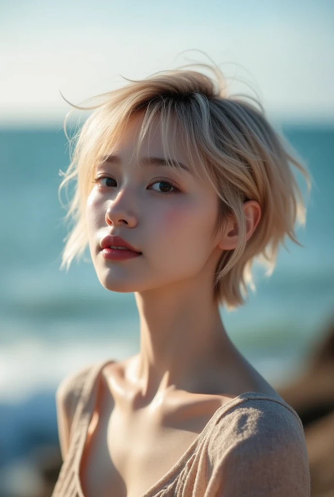 highest quality,masterpiece,Ultra-high resolution,(Reality:1.4),Original photo,Cinema Lighting,
One blonde short hair Sweden girl,,Backlighting,Ocean，Three-dimensional profile，good looking，cute