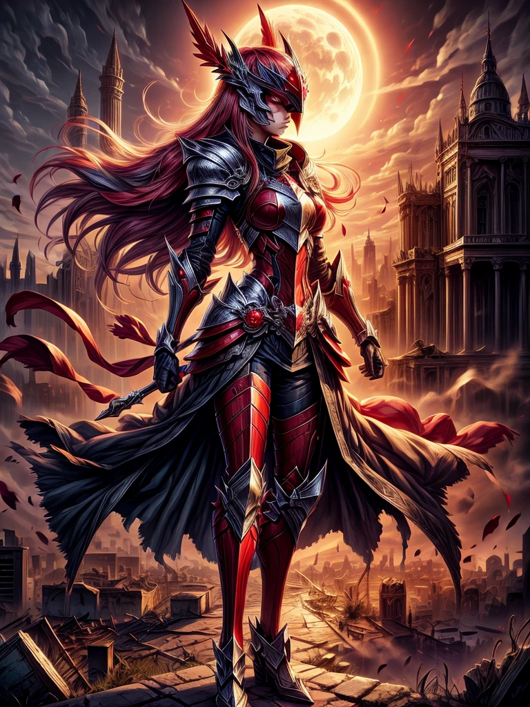 Brilliant scarlet red-eyed female Dark Knight in mask with ruins in the moonlight background 