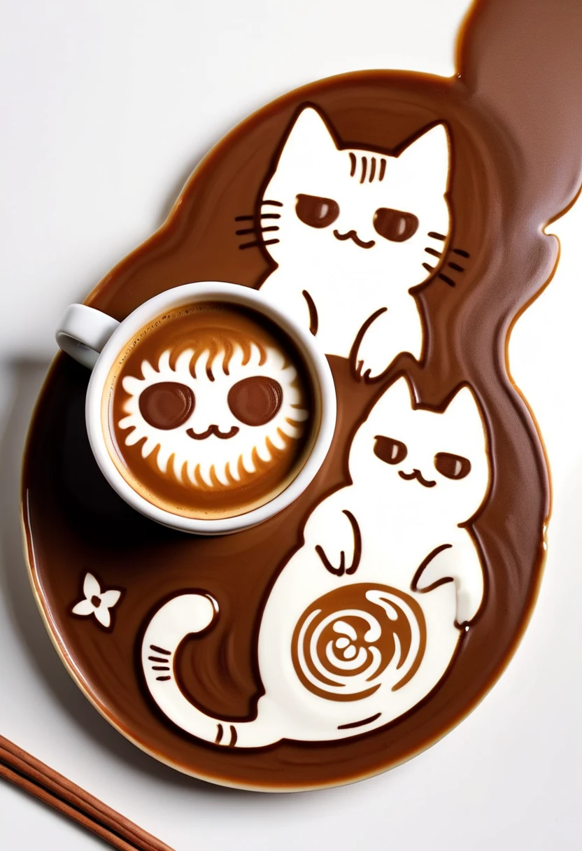 A soft-touch picture of 2 cups of coffee lined up on the left and right、  taken from directly above 、 The cup on the left is a floral coffee art made of milk、 The cup on the right is a coffee art with a cat's face 、Coffee art made of brown lines of coffee on top of white milk