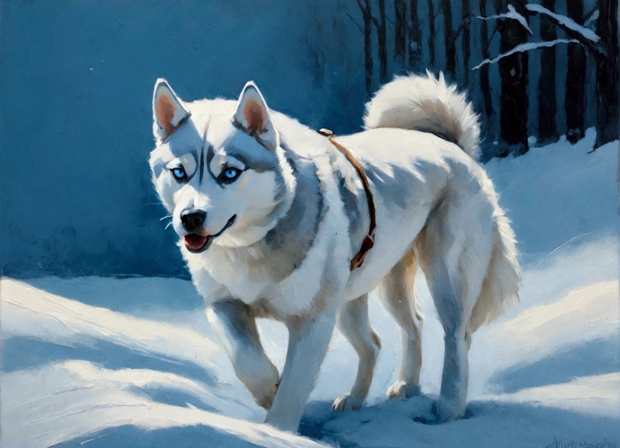 Paint a Siberian Husky with sharp, clean features and its iconic piercing blue eyes. Use rich, textured oil strokes to create a snowy, wintery scene in icy blues and whites, with subtle shadowing to capture the cold atmosphere, impasto texture