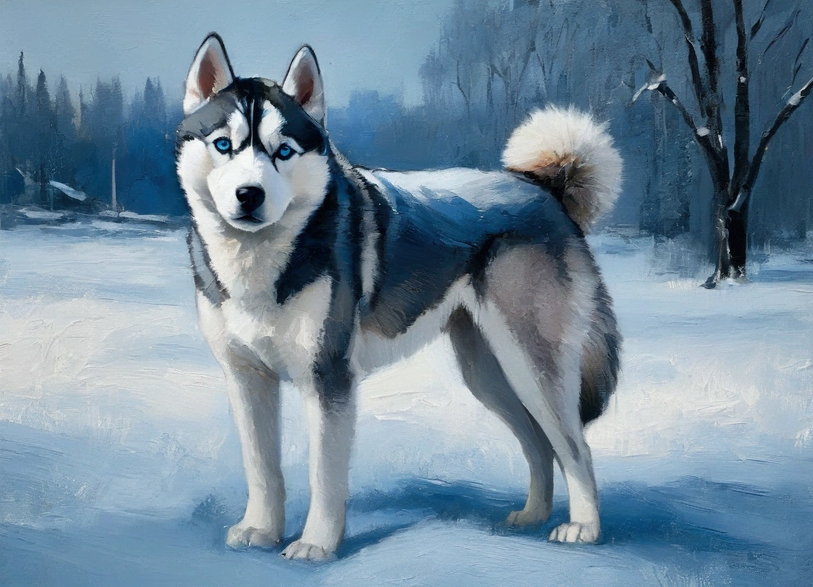 Paint a Siberian Husky with sharp, clean features and its iconic piercing blue eyes. Use rich, textured oil strokes to create a snowy, wintery scene in icy blues and whites, with subtle shadowing to capture the cold atmosphere, impasto texture