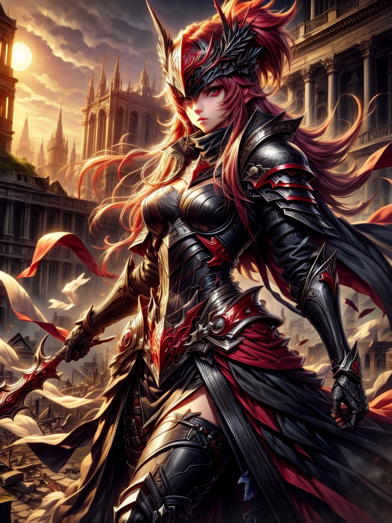 Brilliant scarlet red-eyed female Dark Knight in mask with ruins in the moonlight background