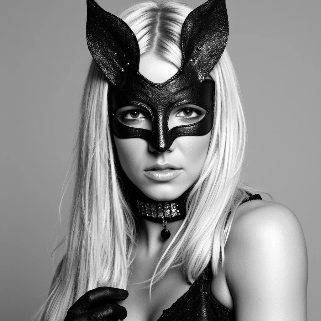 A black and white close-up portrait of Britney Spears, wearing a black latex mask with large bunny ears, a diamond choker necklace, and lace-edged gloves.  The image should evoke the aesthetic of a music video still, with a dramatic lighting setup creating strong highlights and shadows; the model should be positioned slightly angled, with arms crossed in a manner suggesting confidence and vulnerability, with precise attention to detail on the face, hair and accessories, shot with a shallow depth of field, using a portrait lens focusing on emotional subtleties of the subject, similar to a 1980’s photo shoot or album cover, featuring a cool, muted gray background and a professional studio lighting scheme.  The image must be rendered with photorealism and have a fine matte texture, with extremely high resolution for a detailed output. Britney.