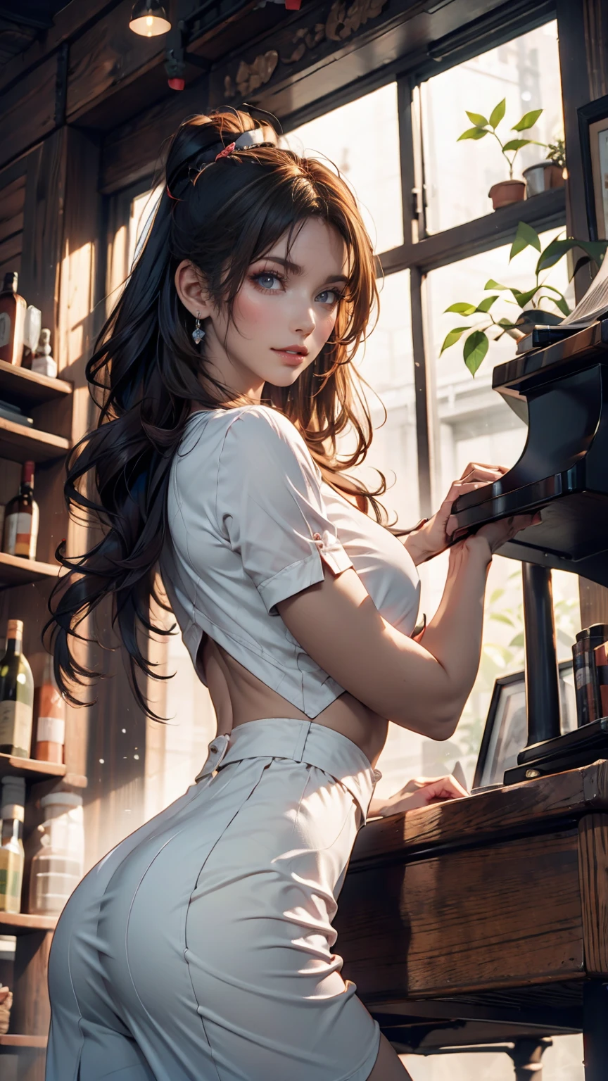 Realistic photographic portrait of {Anne Hathaway, (long and slightly messy hair)}, Action {(playing the piano), bare breasts, wearing navy blue Thermal Flannel Leather Leggings - FashionLeg}, {neon lighting))}, smooth skin and smooth, Symmetrical face, full body, big ass, symmetry and full mouth sensualizing, human ideal, 85 mm lens, f8, photography, ultra details, Natural light, backlighting, photo, studio lighting