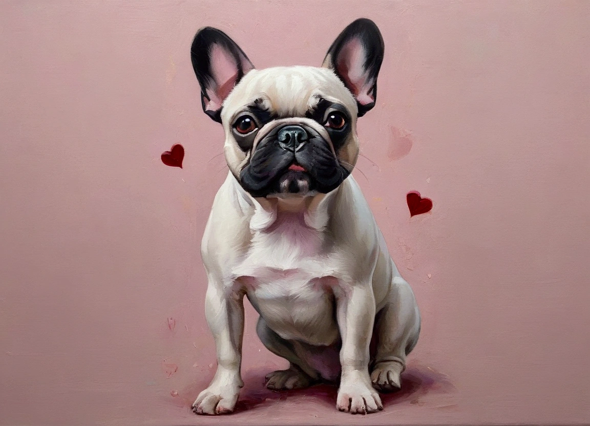 Oil paint a French Bulldog with its bat-like ears and wrinkled snout. Use soft, blended strokes to create a romantic, minimalist backdrop of pale pinks and reds, accented with small heart shapes for a Valentine’s feel.