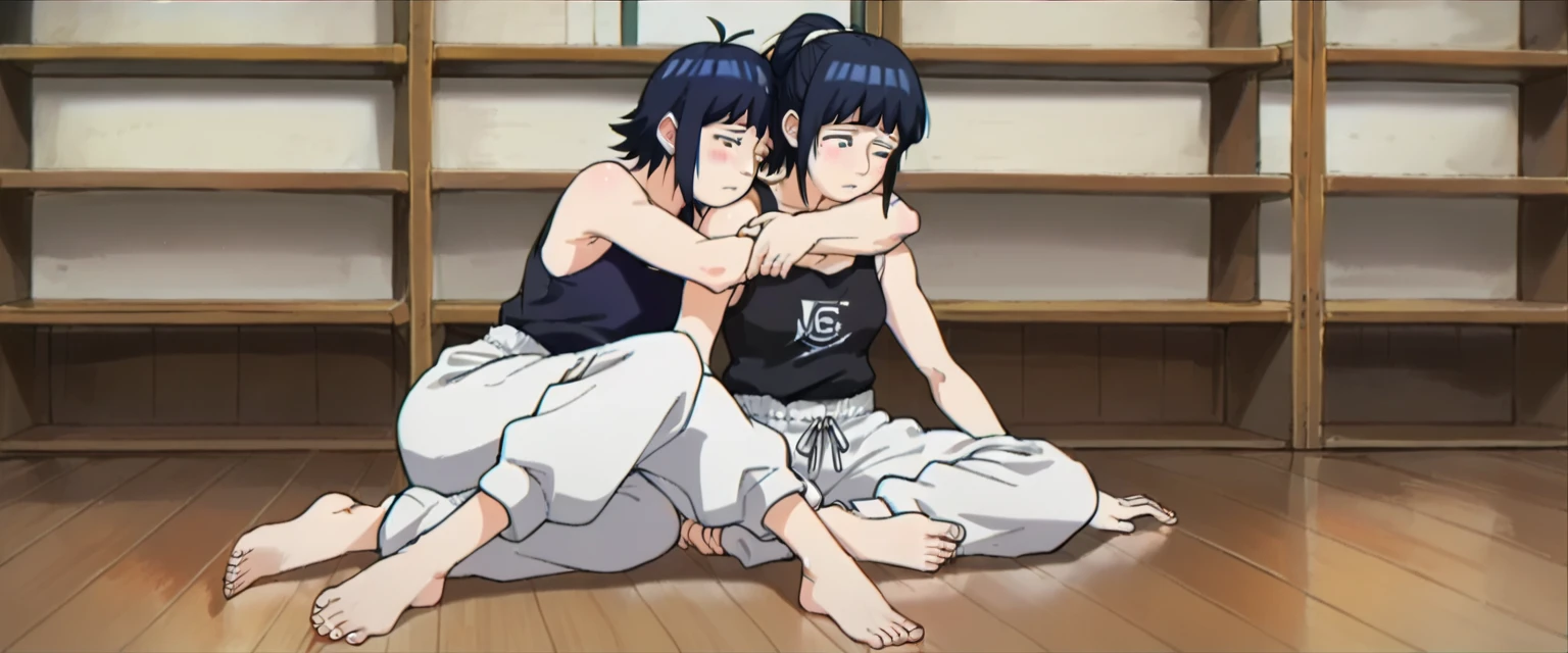 (Caucasian ethnicity) masterpiece, 4k,  lyrics, love, barefoot, 2 women,  sitting on the floor ,  loose pants , plain pants,  martial arts pants,  big pants and black blouse,  bare shoulders , woman and her friend , Friend is sad ,  Hinata hugging her friend