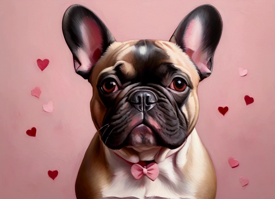 Oil paint a French Bulldog with its bat-like ears and wrinkled snout. Use soft, blended strokes to create a romantic, minimalist backdrop of pale pinks and reds, accented with small heart shapes for a Valentine’s feel.